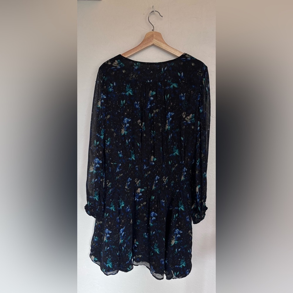 Anthropologie Blue Floral Long Sleeve V Neck Ruched Flowy Mini Boho Dress - Picture 10 of 14